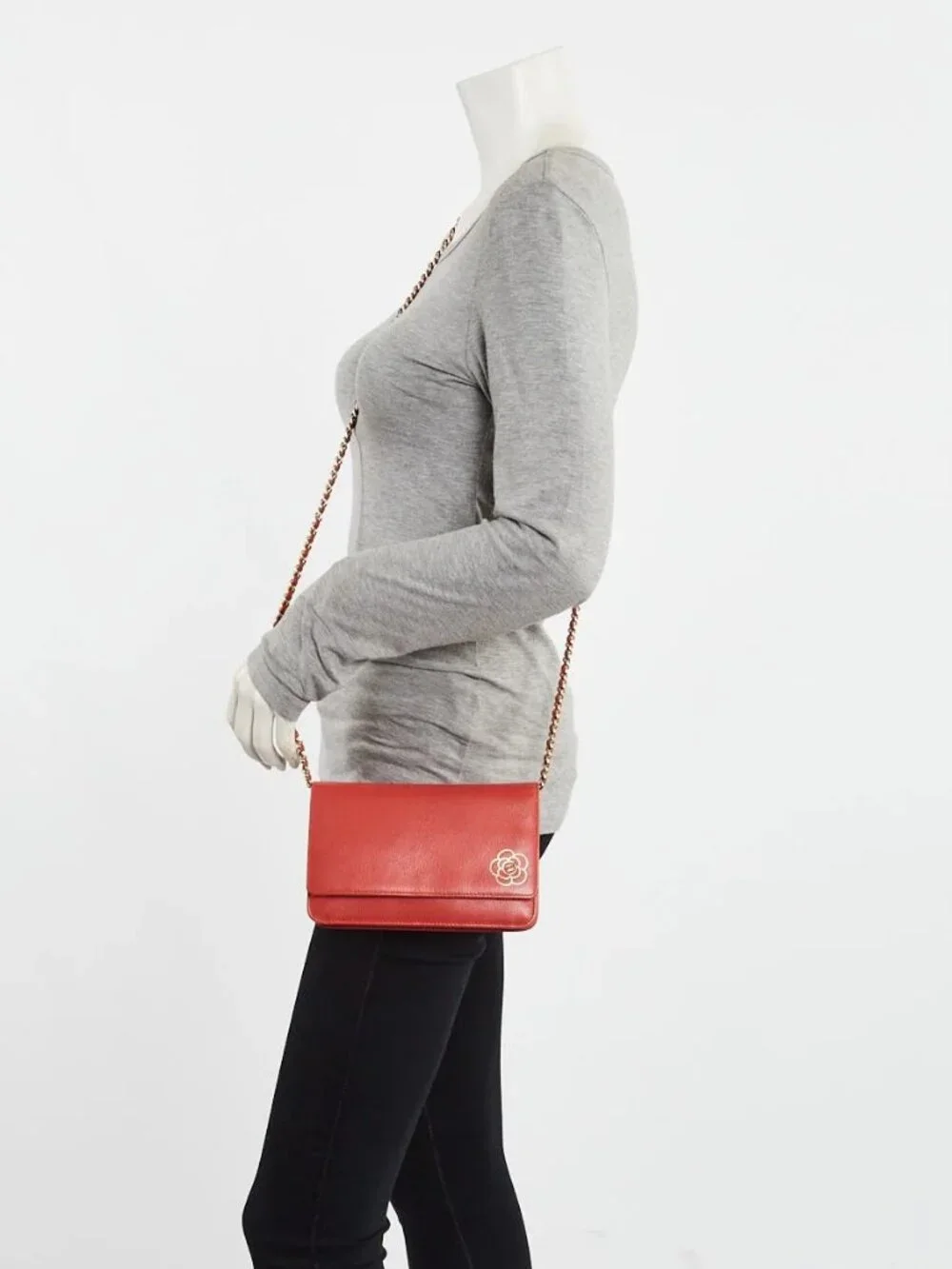 Chanel Red Grained Leather Camellia Embossed WOC Clutch Bag